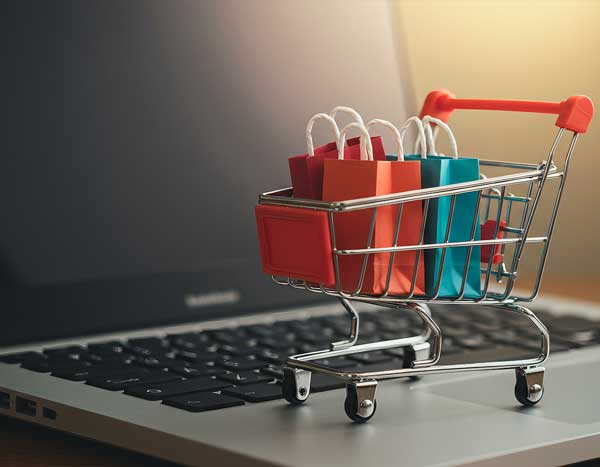 Miniature shopping cart on top of a laptop to denote shopping online