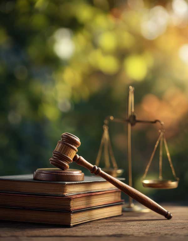 Gavel and Law Book AI photo of a gavel on top of a legal book with scales of justic ein the background